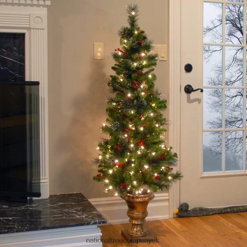 Trees | National Tree Company Pre-Lit Artificial Entrance Christmas Tree Green Crestwood Spruce White Lights Decorated with Pine Cones Berry Clusters Frosted Branches Includes Pot Base 5 Feet